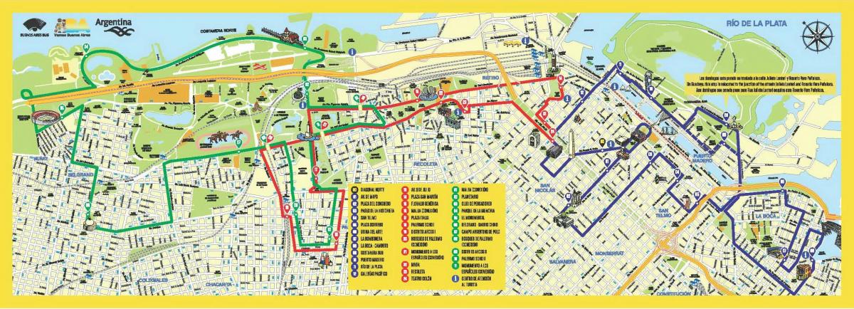 Mapa de los recorridos en autobús Hop On Hop Off de Buenos Aires
